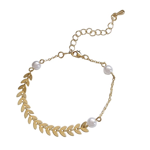 Leaf Chain with Pearl Bracelet, Freshwater Pearl Chain Bracelet, Leaf Fish Bone - Picture 5 of 6